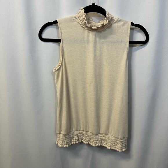 Evereve Cream Beige High Neck Ruffle Sleeveless Blouse Top Smocking Small - Picture 1 of 6
